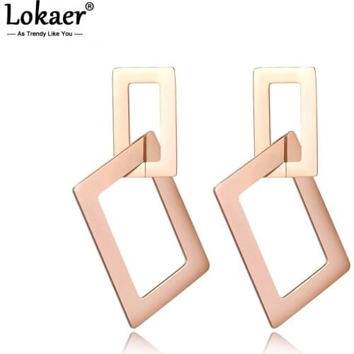 Lokaer Steel Jewelry Rectangular Hollow Exaggerated Rose Gold Color Stud Earrings Bijoux Brincos Pendientes Mujer E18060