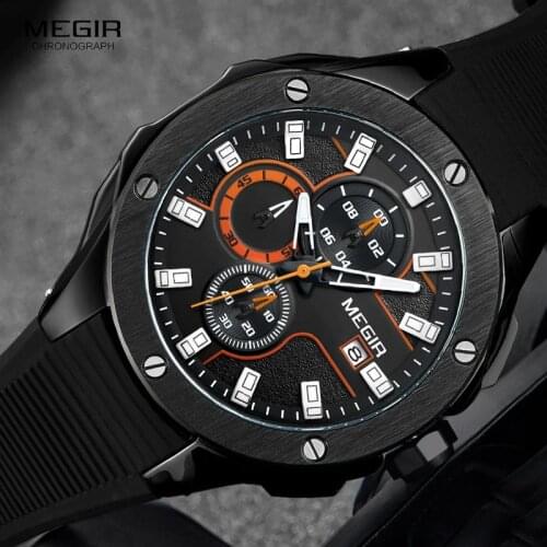Megir Chronograph Luminous Hands Silicone Bracelet Mens Army Military Sport Quartz Wrist Watches with Date Indicator 2053G
