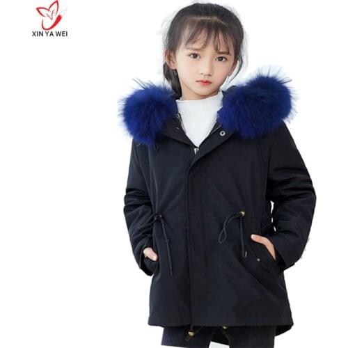 Fur Jackets Fashion Parkas Winter Rabbit Fur Liner Children"s Outerwear Big Raccoon Collar Fur Hood Girls Coats