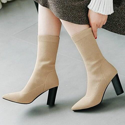 Autumn and Winter Women Shoes Fashion High Stretch Socks Boots Ladies Woolen Nude Boots Slim Sexy Thick Heels Casual Shoes