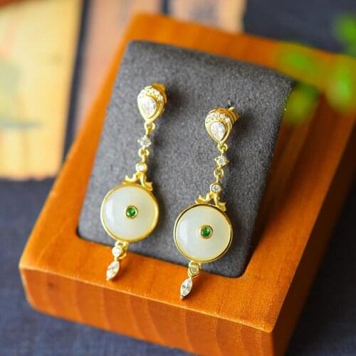 Natural Hetian white jade ring long earrings Chinese antique palace style noble luxury womens Wedding Silver Jewelry