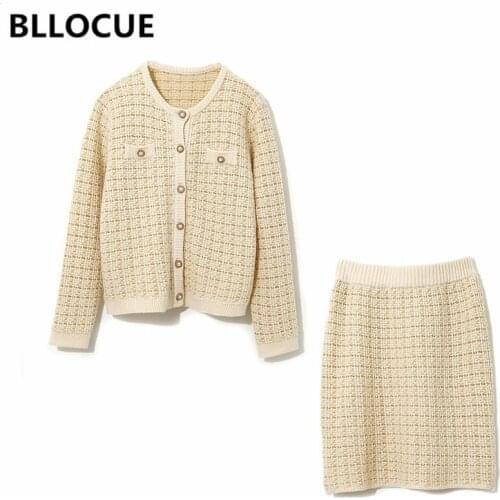 BLLOCUE Autumn Winter Bright Silk Wool Knit Cardigans+High Waist Skirt 2 Pieces Set Houndstooth Fashion Pattern Knit Skirt Suits