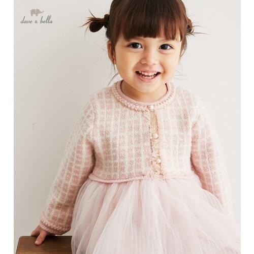 DB20029 dave bella autumn baby girls cute plaid mesh sweater dress children fashion party dress kids infant lolita clothes