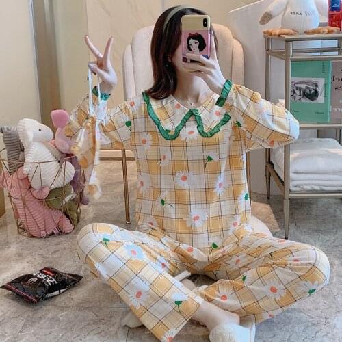 Pajamas Womens Cartoon Printed Lapel Nightshirt Set Long Sleeve Autumn and Winter Home Two-piece Sleepwear Lounge Wear