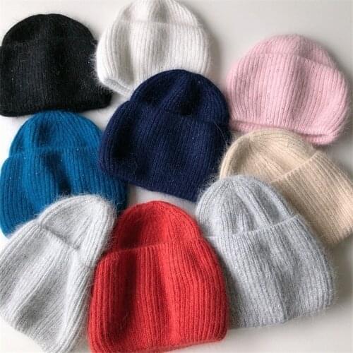 2020New Fashion Angora rabbit fur hat womens knitted hat autumn and winter woolen hat Korean version of pure color to keep warm