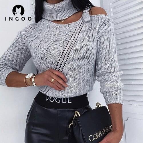 INGOO One Shoulder Sweater Women Autumn Long Sleeve Winter Top Sexy Solid Street Wear Off Shoulder Hollow Out Knitted Sweaters