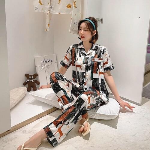 Spring/Summer 2021 new silk satin short-sleeved trousers pajamas suit for ladies simple style long pajamas womens home service