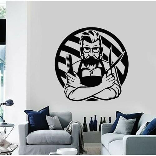 Vinyl Wall Decal Bearded Man Hairdresser Haircut Hairdresser Salon Interior Decoration Window Decal Barber Shop Murals A5-024