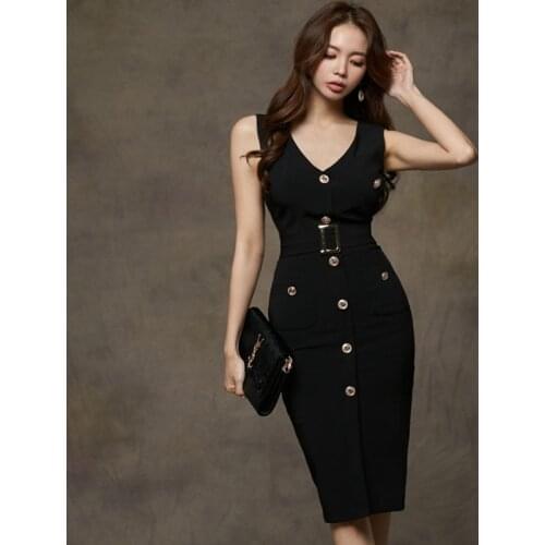 Women Vintage Sleeveless Button Decoration Knee Length Skinny Dress Bodycon Sheath Dresses Belt Vestidos Summer