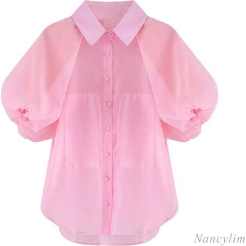 Short Puff Sleeve Pink Shirt Women 2021 Summer Chiffon Blouse Girls Ladies All-Match Basic Tops Blusas Mujer De Moda