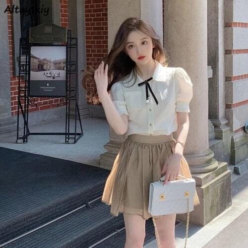 Sets Women Turn-down Collar Pockets Shirts Mini A-line Skirts 2 Pieces Summer Sweet Korean Style Fashion Streetwear New Retro