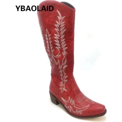 Pointed Toe Embroidery Mid-heel Western Cowboy Boots 2021 Autumn and Winter New Color Matching Thick Heel Retro Womens Boots