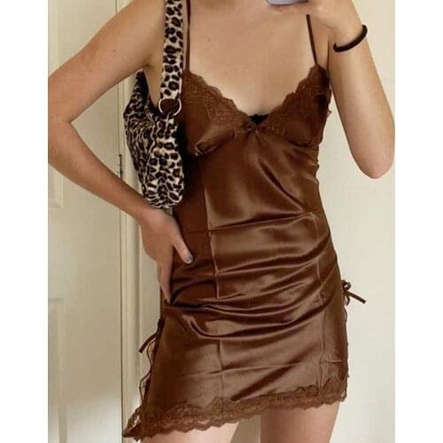 Brown sleeveless sling Frill Maiden wind mini dress woman 2021 romantic dress Lace Trim Adjustable Spaghetti Straps Nightdress