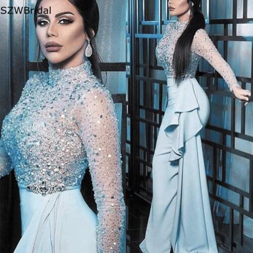 New Arrival Vestidos Formales High Neck Beaded Evening Dresses Long Sleeve Crystal beading Light Blue Evening Dresse 2021