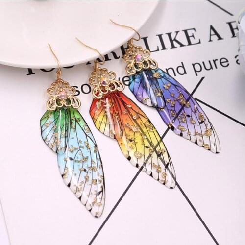 Simulation Cicada Wings Fairy Tale Golden Gradient Femal Wing Beautiful Drop Earrings Exquisite Handmade Vintage 1Pair