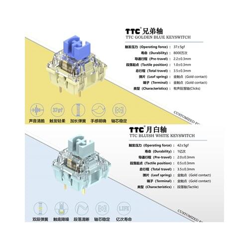 4pcs TTC Bluish White 42g / Gold Pink 37g Switch Linear Switches for Customized Mechanical Keyboard MX Series 3 Pins