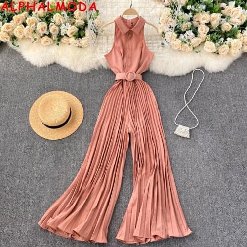 ALPHALMODA 2021 Spring Summer Sleeveless Pleated Jumpsuit Belted Women Turn-down Collar Single Breasted Belted Rompers