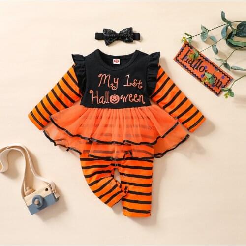 Baby Girls ClothesTwo-piece Halloween Set Stripe and Letters Printed Long Sleeve Tutu Romper Dress and Headdress
