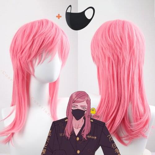 Haruchiyo Sanzu Cosplay Pink Wig with Mask Tokyo Revengers Long Wig Haruchiyo Akashi Heat Resistant Fiber Hair Wig Cap Halloween