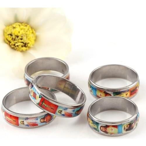 2Pcs Multicolor 5 Sizes Stainless Steel Ring Religious Catholic Enamel Round Rings Alloy Rings lap
