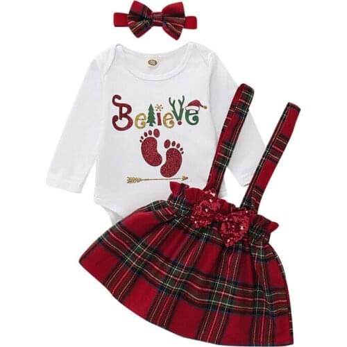 3Pcs Newborn Baby Girl Fashion Christmas Outfits Long Sleeve Romper Top Strap Skirt Headband Xmas Party Clothes Set 0-18M