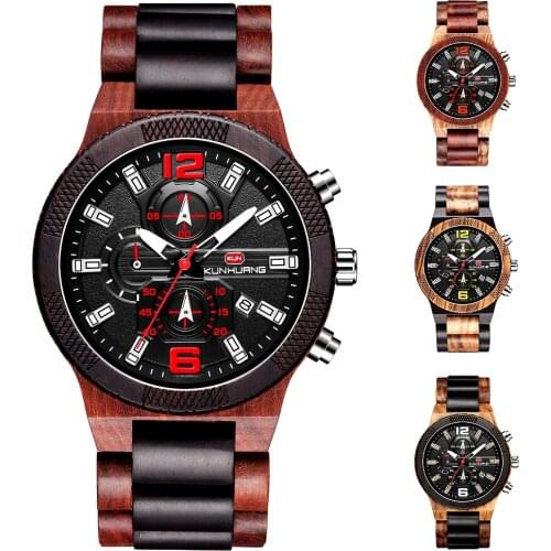 Kun Huang Wooden Watch Men Top Brand Luxury KH1019 Wood Watches Chronograph Date Luminous Big Dial Sports Quartz Men Watch Box