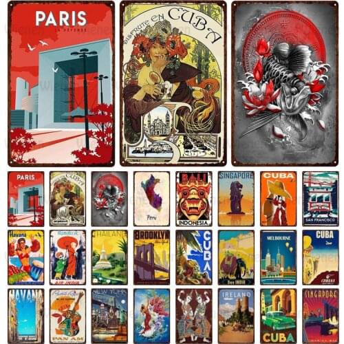 Metal Tin Sign Abstract City Landscape Vintage Poster Iron Plaque Cuba India Havana Singapore Decor For Bar Club Home Wall Art