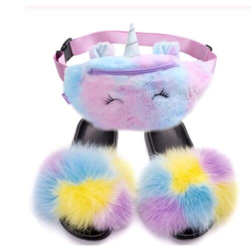 2020 Newest Cartoon Unicorn Plush Colorful Waist Bag ,For For Adult Beautiful soft bag with fashion Slides
