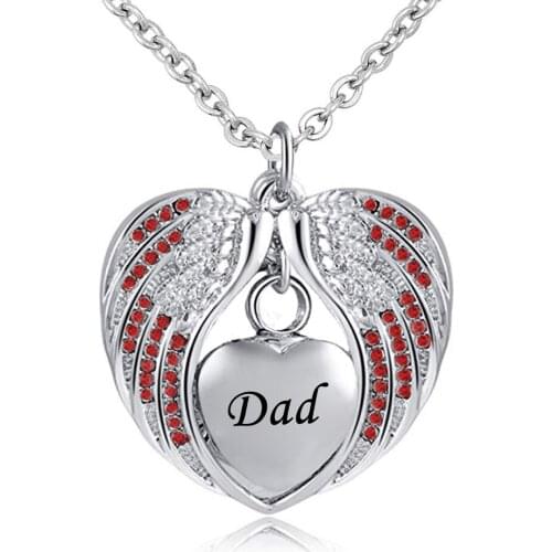 Dad Angel Wing Urn Necklace for Ashes Cremation Memorial Stainless Steel Heart Keepsake Birthstone crystal Pendant Necklace