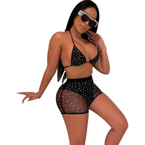 Sexy Mesh See-through Rhinestone Two Piece Set Women Beach Bikini Push Up Bra Top and Shorts Suit Party Club Matching Outfits