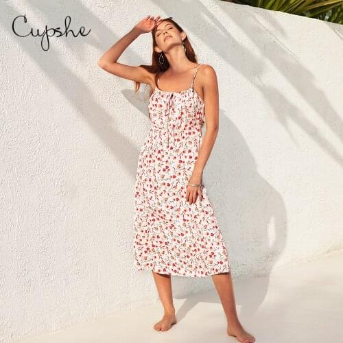 CUPSHE Floral Drawstring Midi Dress For Woman Sexy Spaghetti Straps Beach Dress 2021 Summer Holiday Dress Sundress Vestidos