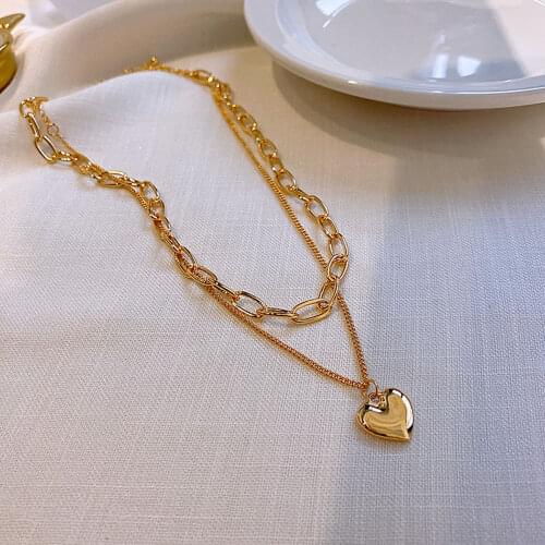 Simple Winter Necklace Stainless Steel Real-Gold Plated Necklaces 2pcs set Big Heart Pendant Necklace Rolo Chain Jewelry Women