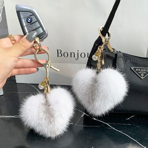 Luxury Mink Fur keychain heart Real Fur pendant Women Bag Trinket Sweet love heart plush Car Key metal Key rings birthday gifts