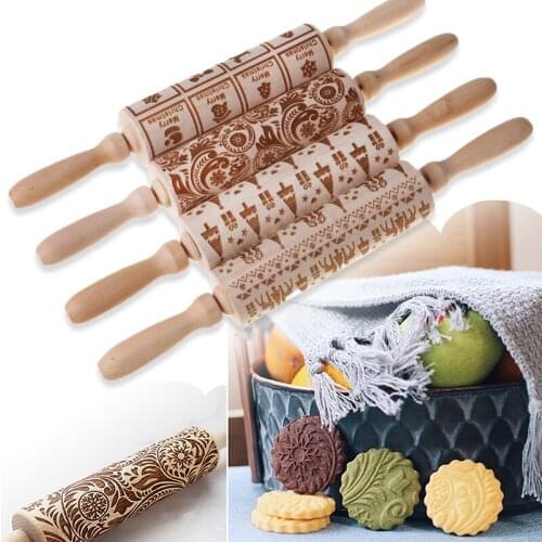 Christmas Embossing Rolling Pins Cookies Biscuit Fondant Cake Dough Engraved Roller Reindeer Snowflake Pattern Baking Tool