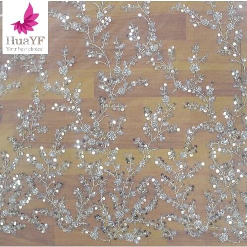 Shinning White Bridal Beads Lace With Big Crystal Sequins Mesh Fabrics For Wedding Dress HY1335