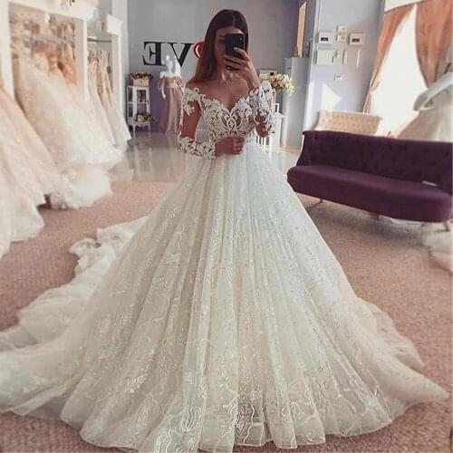 Gorgeous Princess Full Shinny Lace Ball Gown Wedding Dresses With Sweep Train Elegant V Neck Long Sleeves Bridal Dress Plus Size