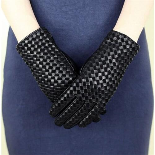 Womens Sheepskin Genuine Leather Gloves Elegant Hand Woven Autumn Winter Warm Plush Fashion Driving Gloves Female XC-206