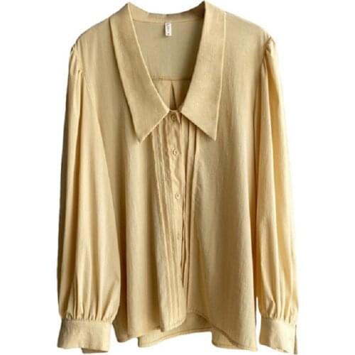 PERHAPS U Women Elegant Casual Sweet Solid Color Turn-Down Collar Shirt Pleated Folds Lantern Sleeve Female Tops B3076