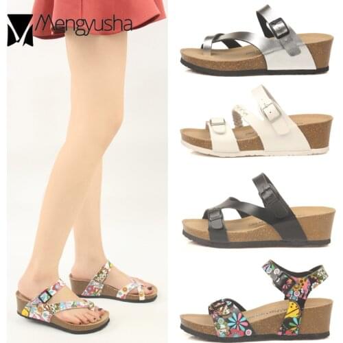 Brand designer wedges cork sandals women floral print platform gladiator sandalias clip toe cork beach slippers flip flops c465