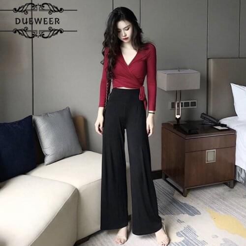 Womens Sets Criss-Cross V-neck Solid Bow High Waist Slim Set Sweet Trendy Korean Style Long Sleeve Breathable Elegant