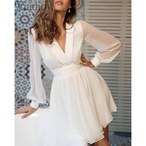 Women Long Sleeve Deep V Neck White A-line High Waist Ruffles Dress OL Elegant Solid Color Work Party Dress