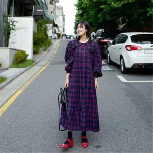 RUGOD England Style Plaid Maxi Dress for Ladies O-neck Puff Sleeve Feminine Sundresses Elegant Vintage Womens Clothing