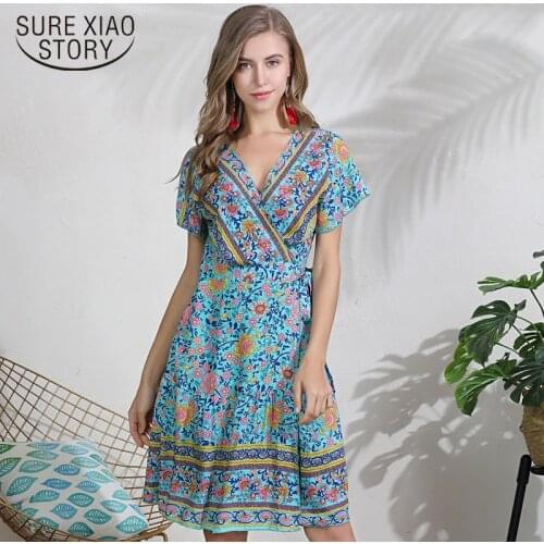 Summer dresses women 2019 dress elegant vestidos de fiesta short sleeve dress Floral V-Neck knee-length casual dress 4172 50