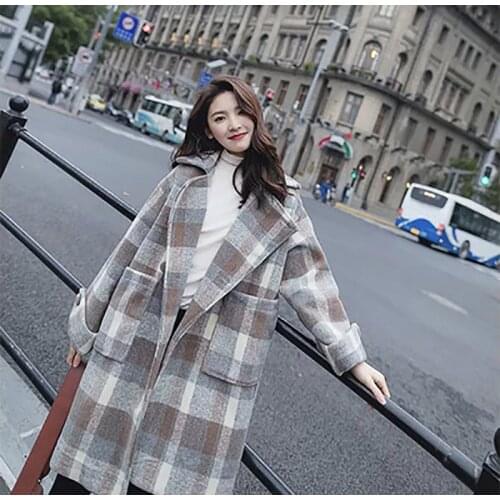 AECU Warm Womens Woolen Hoodies Long Sleeved Loose Female Coat Classic Plaid Coat With Pocket Female Blends Outwear