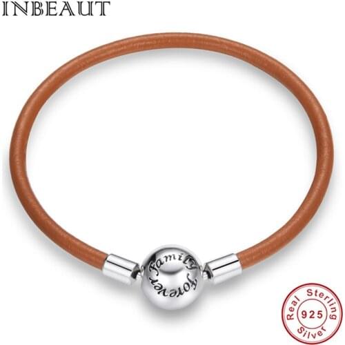 INBEAUT 100% 925 sterling silver vintage brown real leather bracelet fit Europe original Bangle beads DIY high jewelry For woman