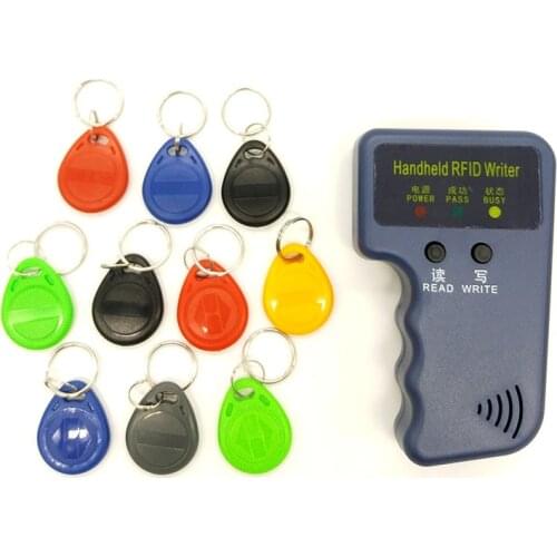 Handheld 125KHz RFID Duplicator Copier Writer Programmer Reader + EM4305 T5577 10 Keys 10 Cards Rewritable ID Keyfobs Tags Card