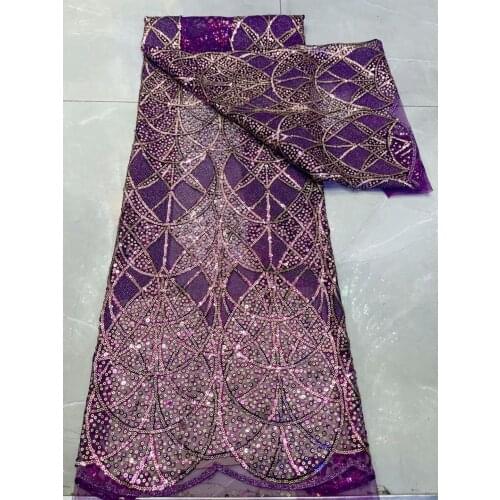 Elegant Newest Fashion Nigeria Aso Ebi Party Lady Dress Material in Purple with Many Sequins Tulle Net Lace Fabric 2021 T164