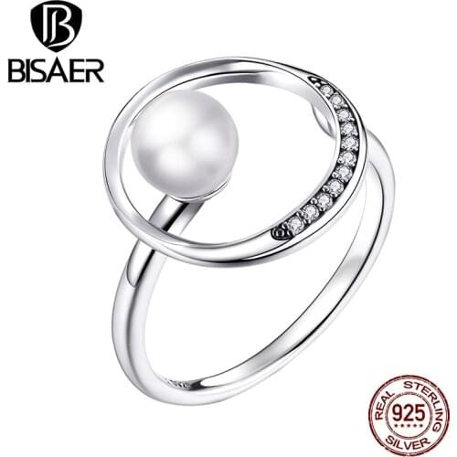 BISAER Circle Open Ring Real 925 Sterling Silver White Pearl Adjustable Zircon Rings Finger For Women Original Jewelry ECR664