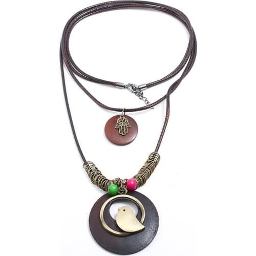 Fashion Vintage Multilayer Long Leather Chain Necklace Retro Alloy Bird Hamsa Hand Pendants Statement Girl Women Casual Jewelry