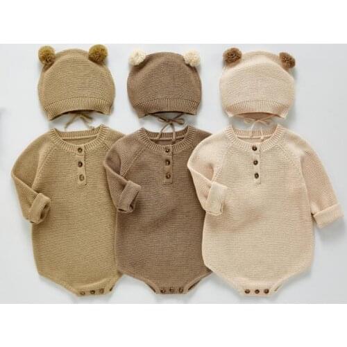 2021 Autumn New Baby Long Sleeve Bodysuit Solid Infant Boy Knitted Bodysuit Cotton Baby Girl Knit Jumpsuit Toddler Sweater + Hat
